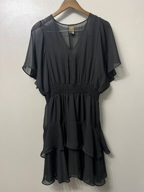 Taylor Black Flutter Sleeve Smocked-Waist Tiered Mini Dress Flounce/ Ruffle